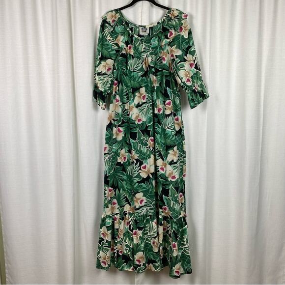 Hilo Hattie Vintage Green Tropical Print Ruffle Maxi Dress Sz.M - Picture 1 of 11
